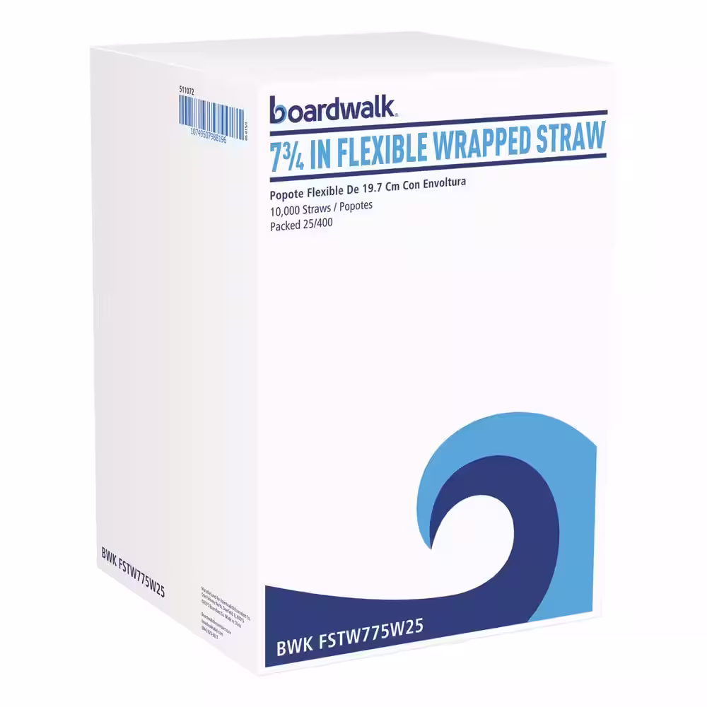 Boardwalk White Flexible Wrapped Disposable Plastic Straws, 7.75 in., 500/Pack, 20 Packs/Carton