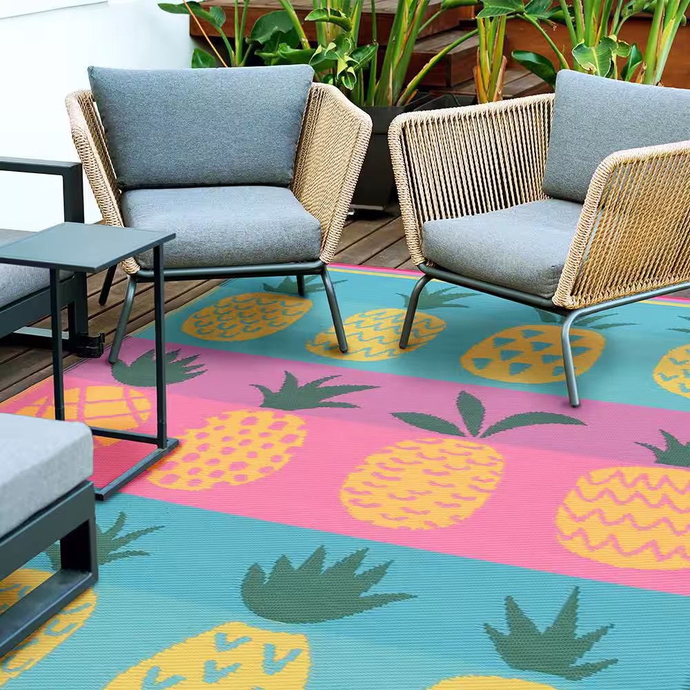 None Backyard Bungalow Multi 5 ft. x 7 ft. Pineapple Olefin Indoor/Outdoor Area Rug