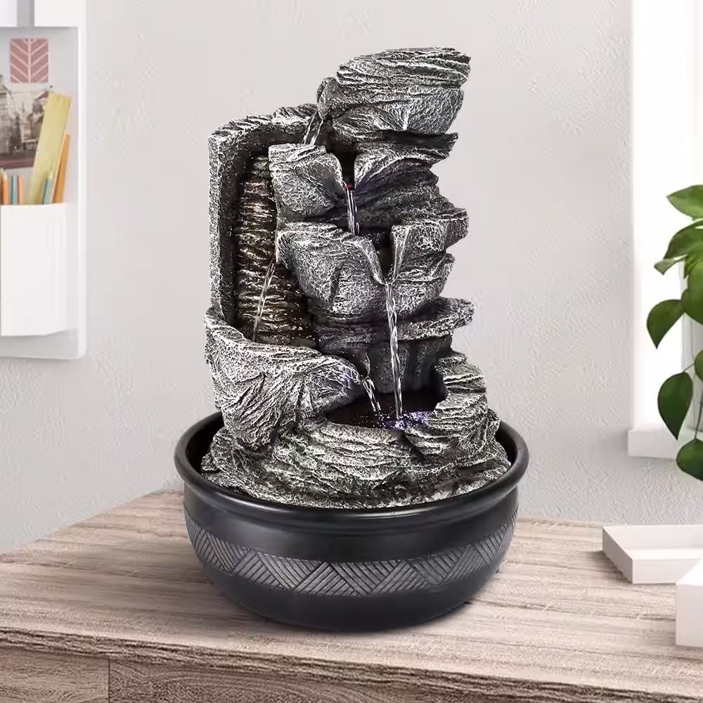 Watnature Resin Crafted Stacked Rock Water Fountain - 15.7in. 6-Tier Rockery Indoor Water Feature with LED Light for Home Office