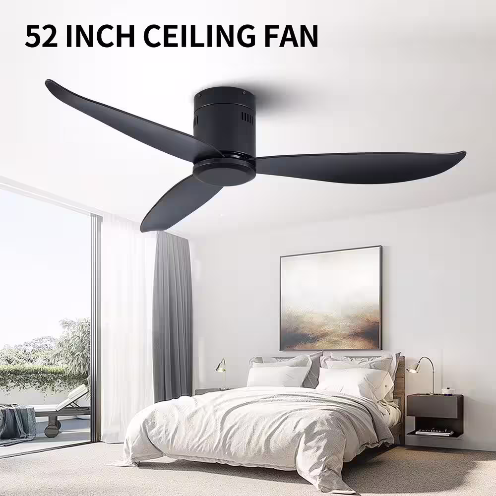 None 52 in. 6 Fan Speeds Flush Mount Ceiling Fan in Black with Remote Control