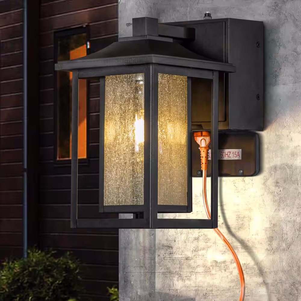ALOA DECOR 1 Light Matte Black Dusk to Dawn Sensor Outdoor Wall Lantern Sconces with Seeded Glass and Built-in GFCI Outlets