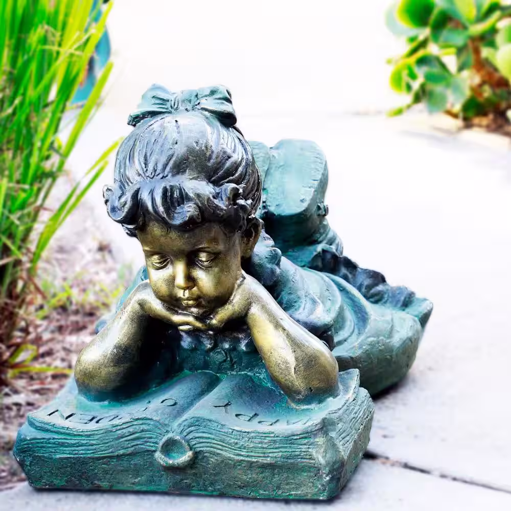 Alpine Corporation 16 in. Tall Indoor/Outdoor Girl Laying Down Reading Book Statue Set Yard Art Decoration