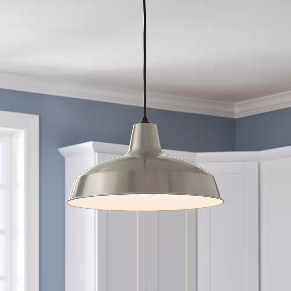 Hampton Bay 1-Light Brushed Nickel Rustic Steel Hanging Barn Light Warehouse Pendant