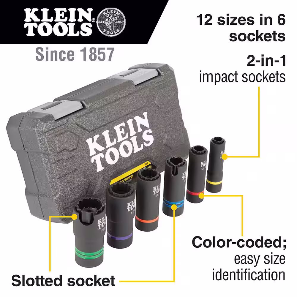 Klein Tools 2-in-1 Slotted Impact Socket Set, 12-Point, 6-Piece