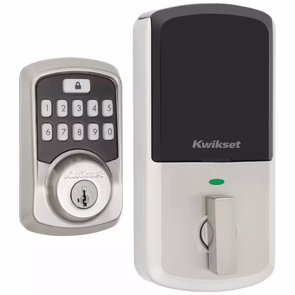 Kwikset Aura Satin Nickel Single Cylinder Electronic Bluetooth Keypad Smart Lock Deadbolt featuring SmartKey Security