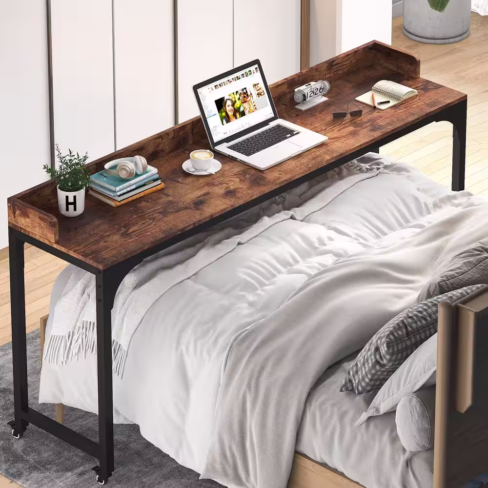 Tribesigns Cassey 70.87 in. Retangular Rustic Brown Wood and Metal Writing Desk Overbed Table with Wheels