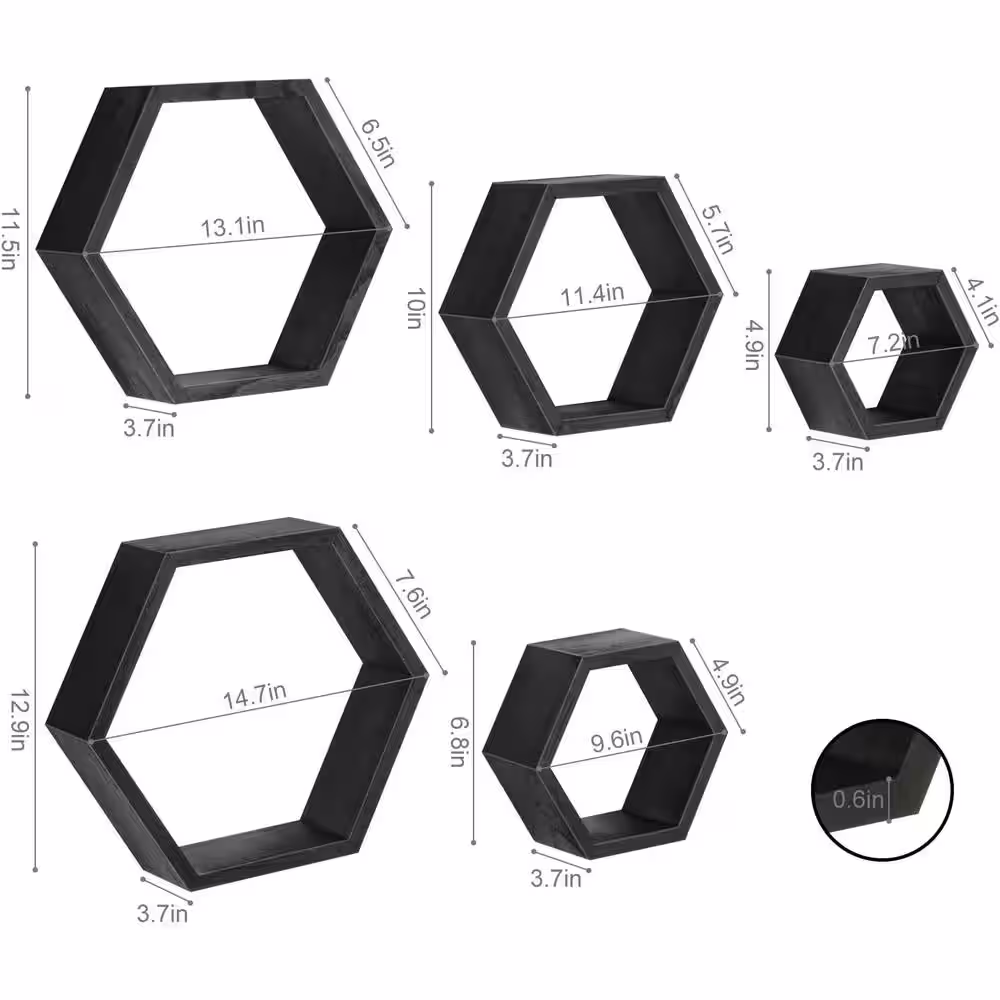 None Hexagon Floating Shelves 5 Different Sizes Honeycomb Shelves for Wall, Black