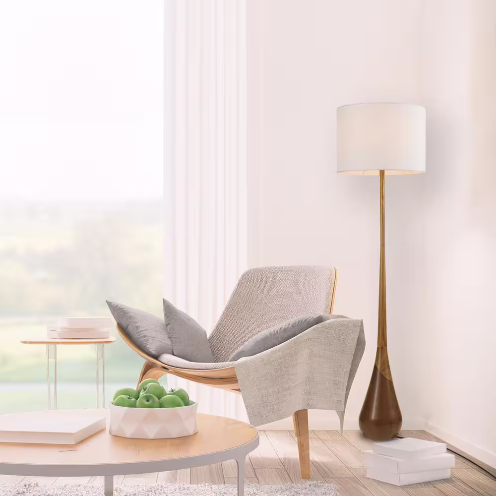 Novogratz x Globe Electric Harrington 65 in. Faux Wood Floor Lamp with White Fabric Shade