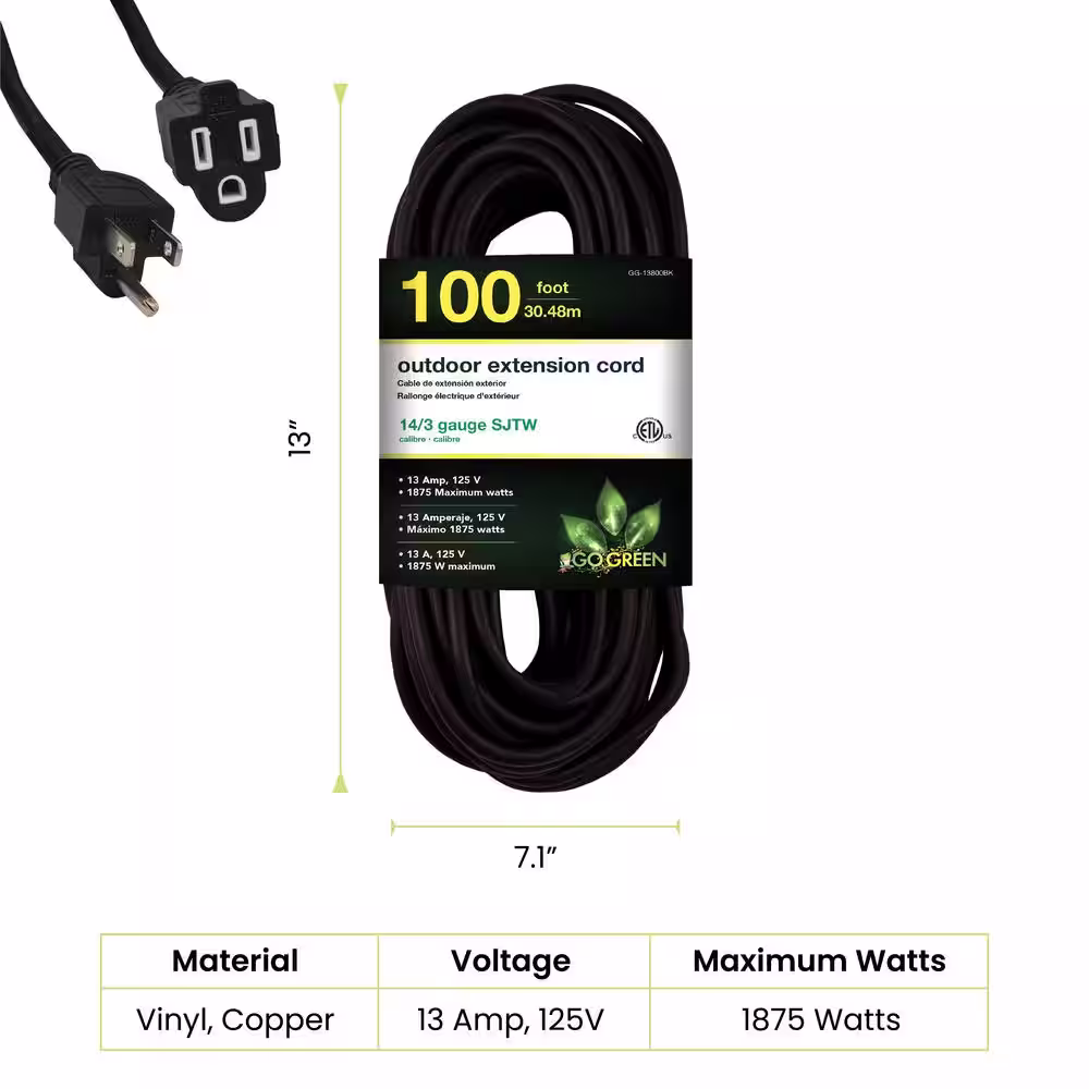 GoGreen Power 100 ft. 14/3 SJTW Outdoor Extension Cord - Black