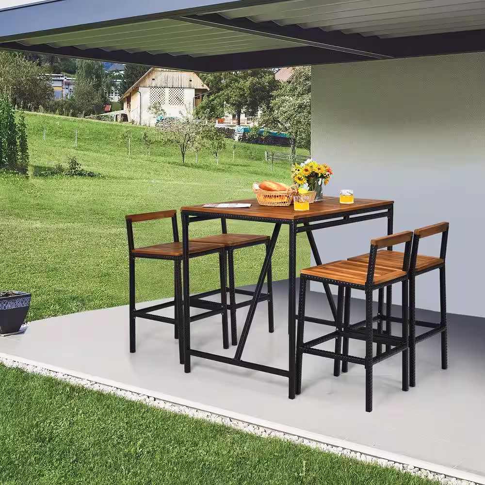 Gymax 5-Pieces PE Rattan Patio Bar Table Set High-Dining Bistro Set with Acacia Wood Top