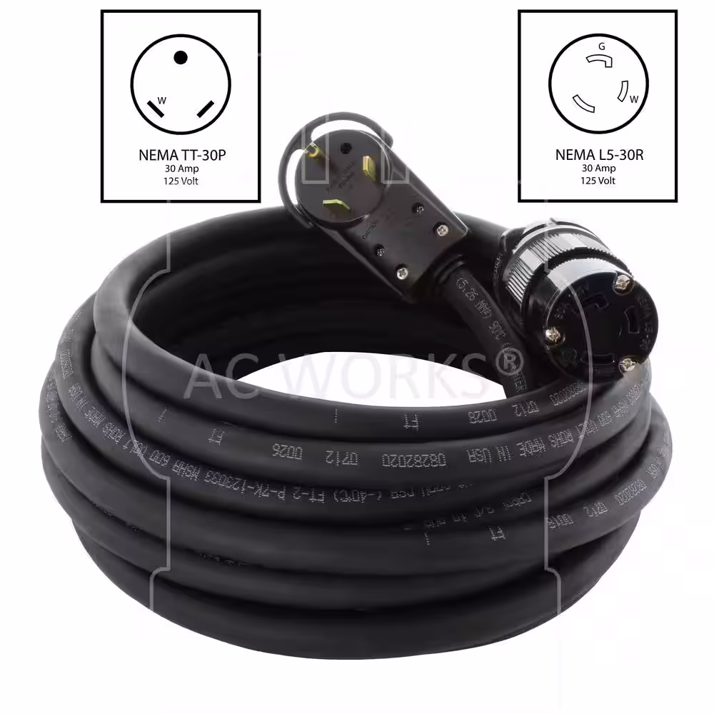 AC WORKS 10 ft. 10/3 30 Amp 125-Volt NEMA TT-30P to NEMA L5-30R Rubber Extension Cord with Handle