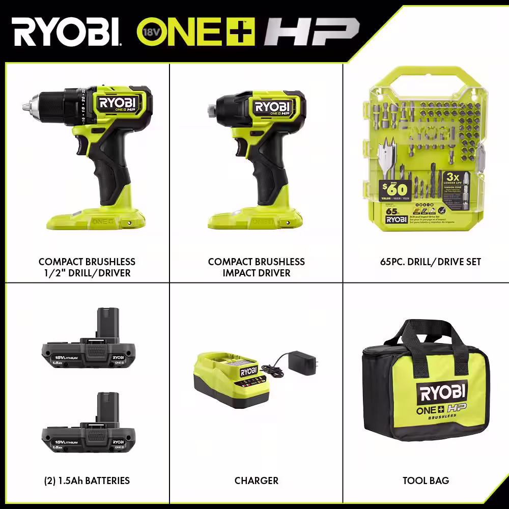 RYOBI ONE+ HP 18V Brushless Cordless Compact 2-Tool Combo Kit w/Drill, Impact Driver, Batteries, Charger, Bag, & 65PC Bit Set
