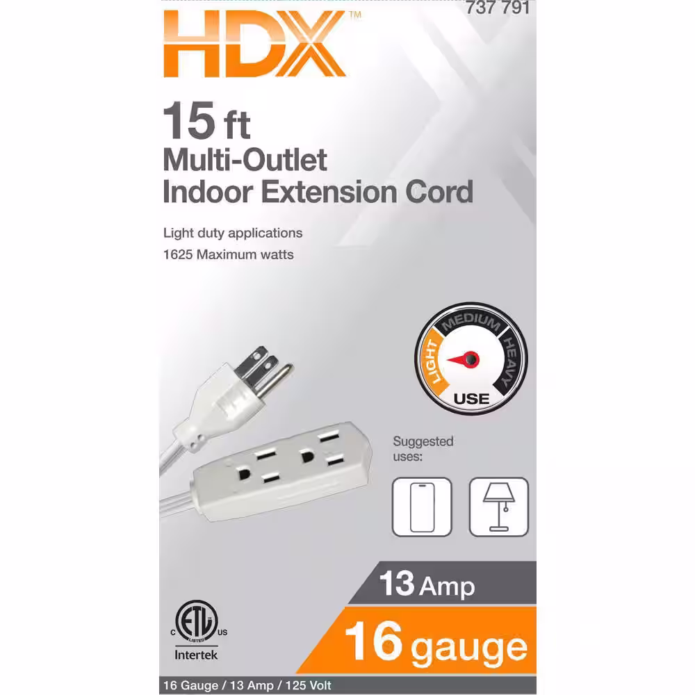 HDX 15 ft. 16/3 Light Duty Indoor Extension Cord with Banana Tap, White