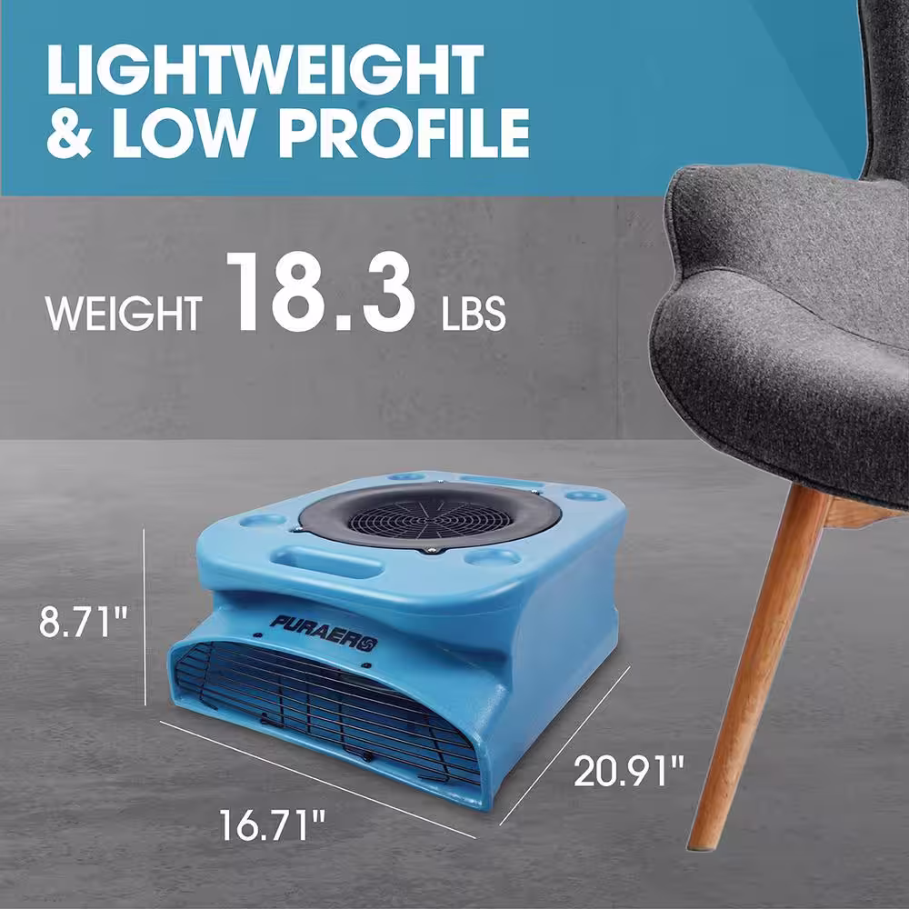 None 1/4 HP Low Profile Air Mover Carpet Dryer Blower Floor Fan with 1100 CFM, GFCI Daisy Chain, Blue