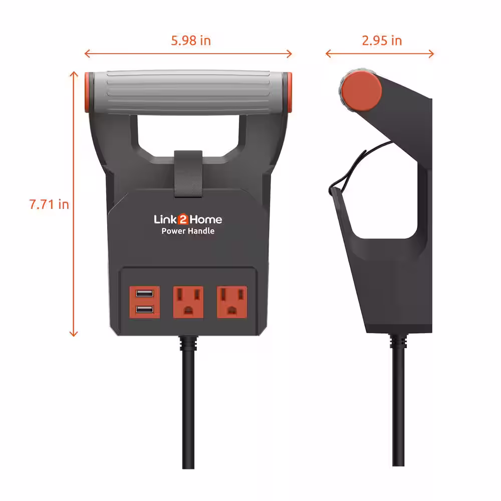 Link2Home Power Handle Extension Cord, 20 ft. 14 AWG, 2-Outlets 15 Amp, 2 USB Ports (3.1 Amp), Cord Management