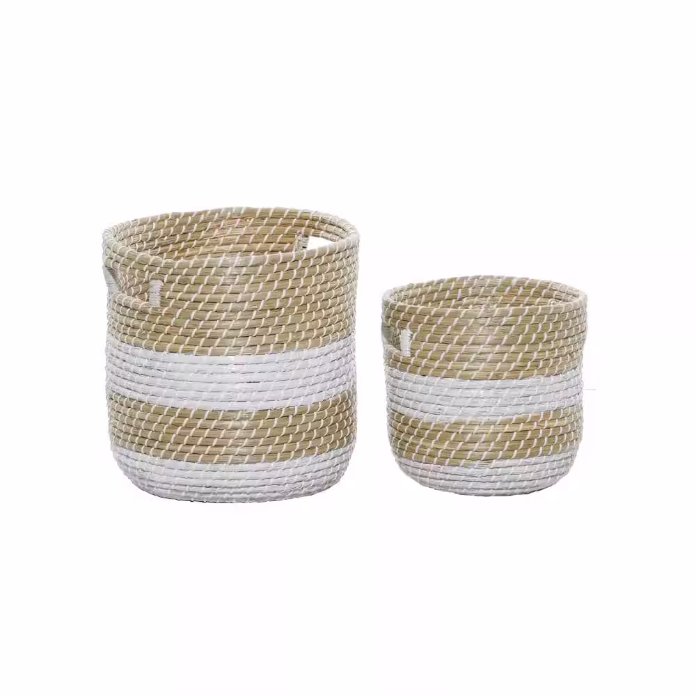 Litton Lane Seagrass Handmade Two Toned Storage Basket with Matching Lids (Set of 2)