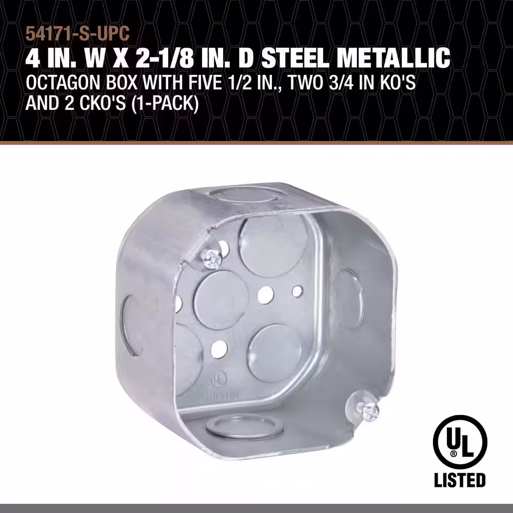 Southwire 4 in W x 2-1/8 in D Steel Metallic Octoagon Box with Five 1/2 in, Two 3/4 in KO's and 2 CKO's, 1-Pack
