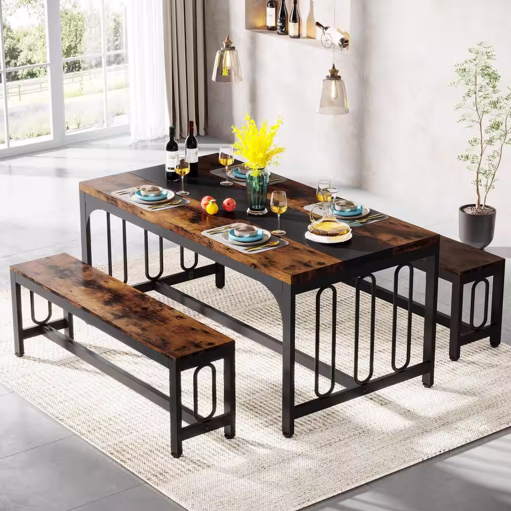 TRIBESIGNS WAY TO ORIGIN Halseey 3-piece Rectangular Rustic Brown Wood Top Dining Table Set for 4-6 Person