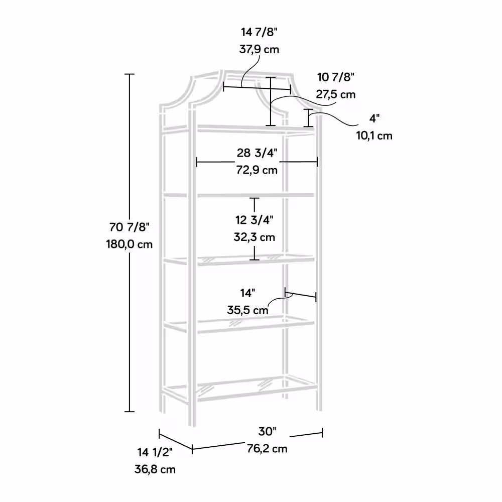 SAUDER Harvey Park 70.866 in.H Black Metal 5-Shelf Bookcase with Glass Shelves