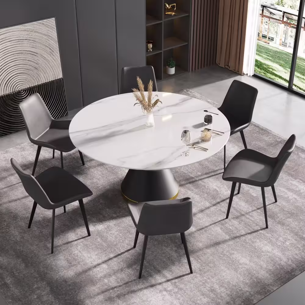 J&E Home 59.05 in. White Modern Round Sintered Stone Dining Table with Carbon Stainless Steel Base (Seats 8)