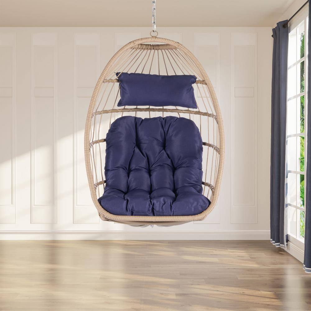 None 2.38 ft. Outdoor Wicker Egg Hanging Hammock Chair with Cushion in Dark Blue