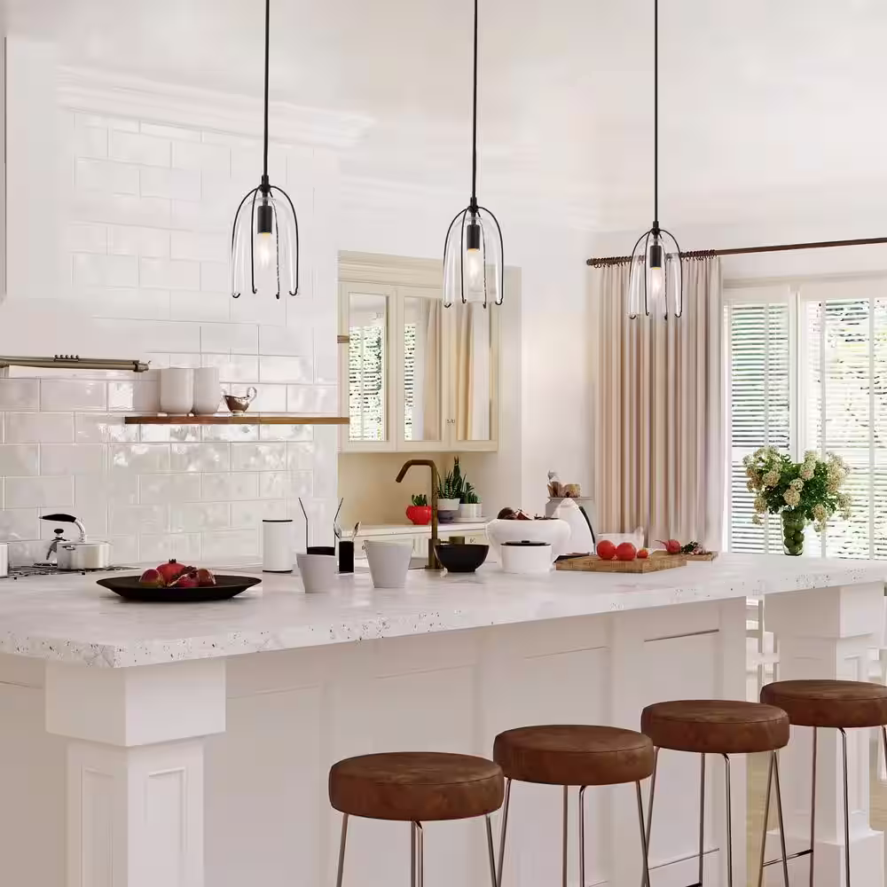 Uolfin Modern Black Kitchen Island Hanging Light, 1-Light Industrial Cage Dining Room Pendant Light with Seeded Glass Shade
