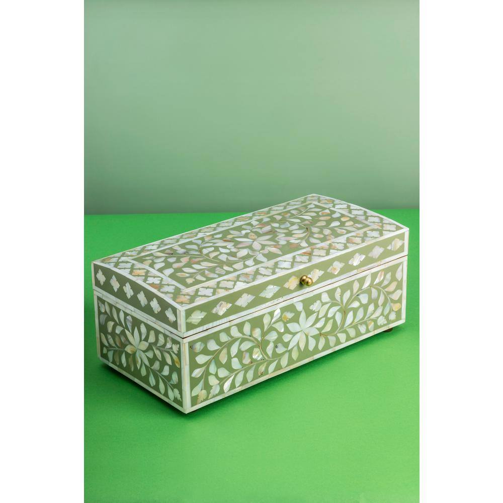 GAURI KOHLI Jodhpur Mother of Pearl Decorative Box - Olive 16 in.
