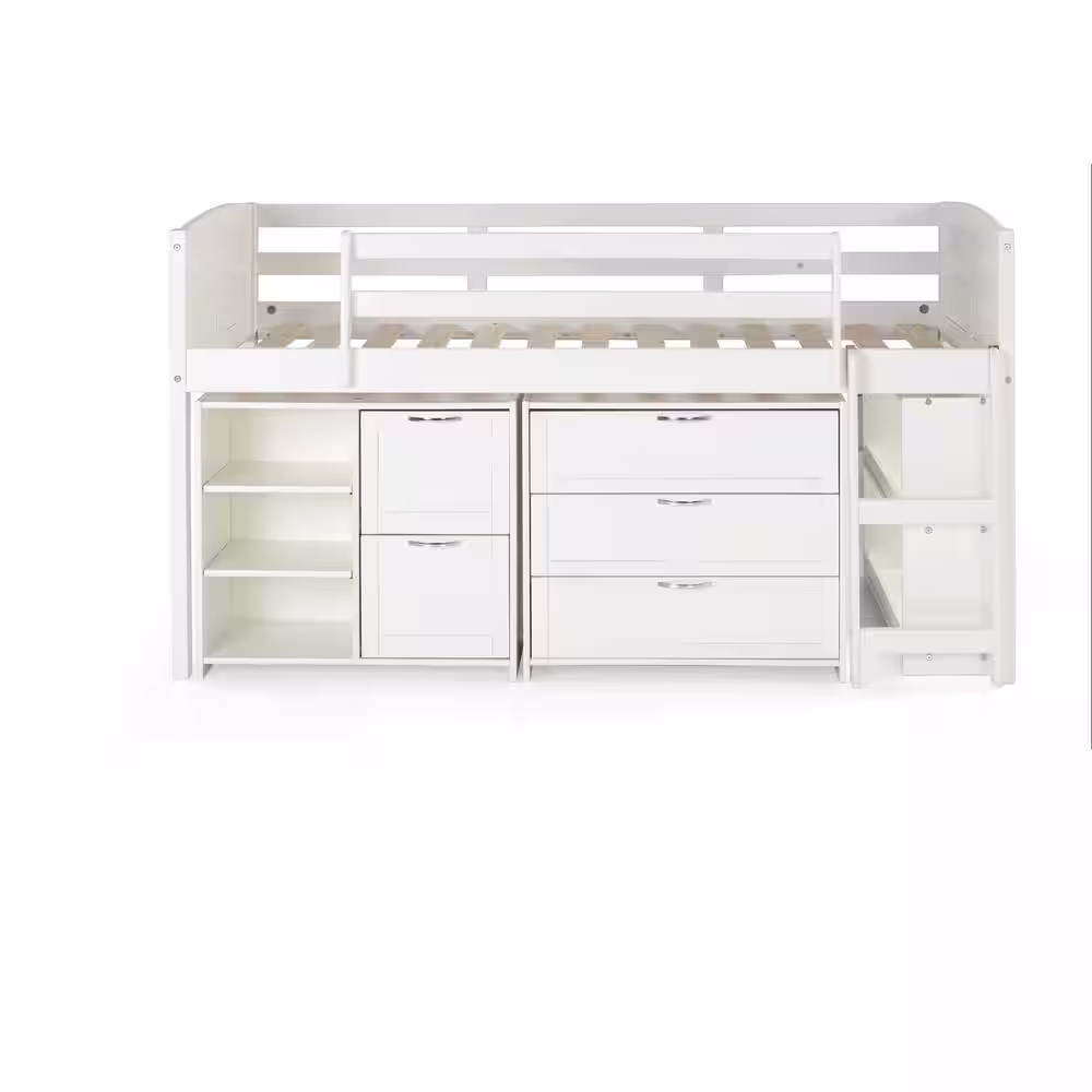 Donco Kids White Twin Louver Low Loft Bed with 3 and 2-Drawer Chests and Shelves