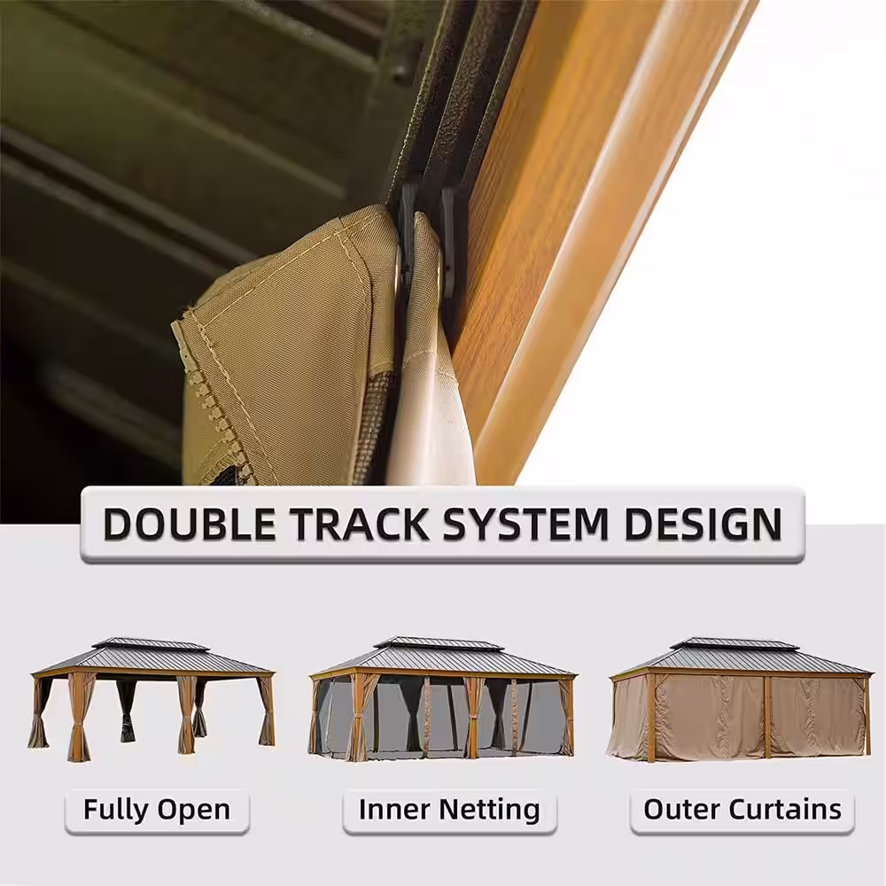 Mondawe 12 ft. x 20 ft. Outdoor Aluminum Frame Wood Grain Patio Gazebo Canopy Tent Shelter with Galvanized Steel Hardtop