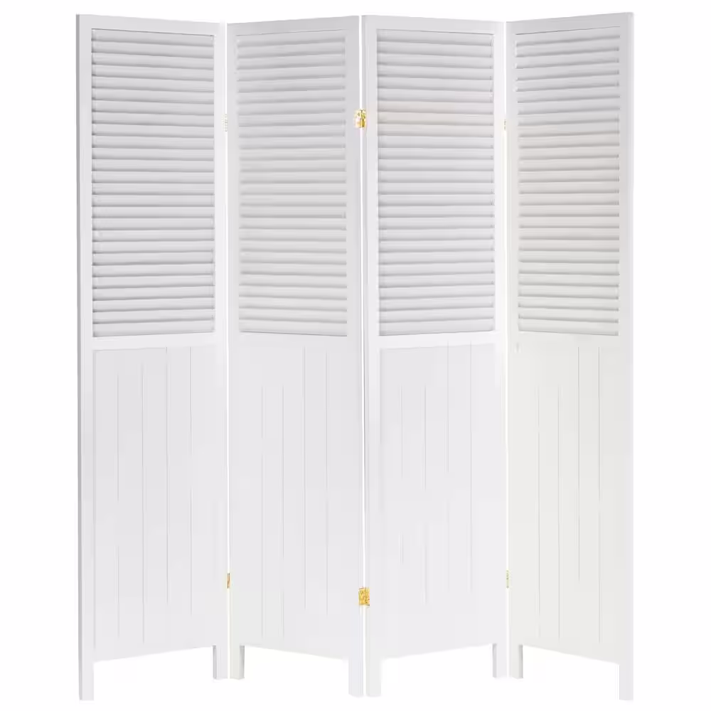 Oriental Furniture White 6 ft. Tall Louvered Beadboard 4-Panel Room Divider