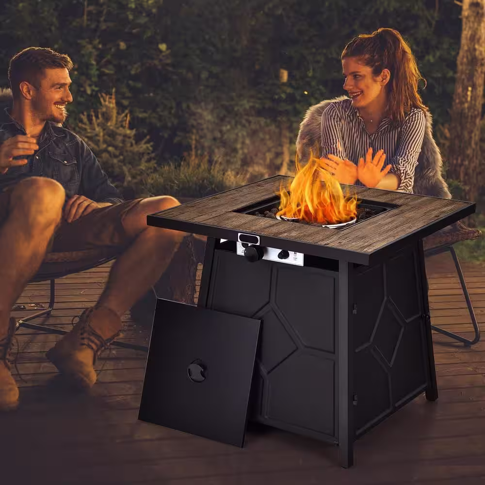 HONEY JOY Square Metal 28 in. Propane Outdoor Fire Pit Table Gas Fire Table with Removable Lid Lava Stone