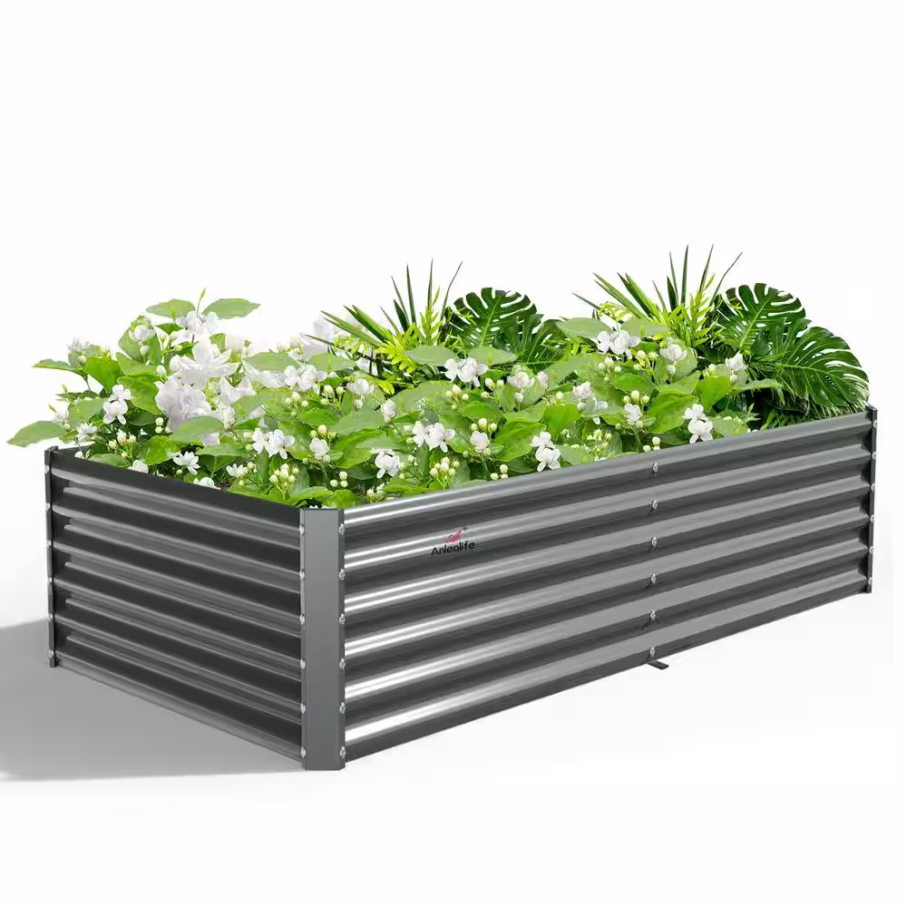 None Outdoor 8 ft. x 4 ft. x 1.5 ft Rectangular Metal Galvanized Raised Garden Bed in Gray For Vegetables and Flowers