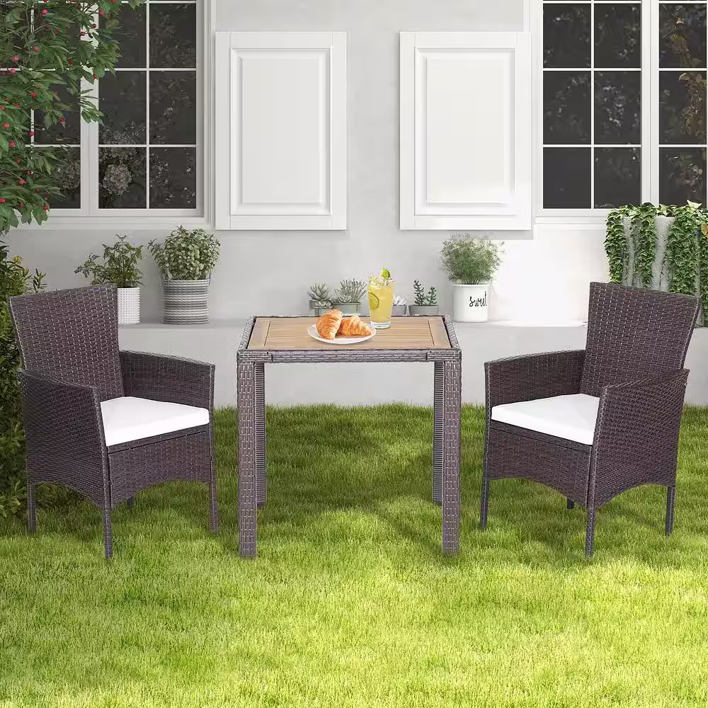 Costway 3-Piece Wicker Outdoor Dining Set Acacia Wood Table Top with Off White Cushions Chairs Garden