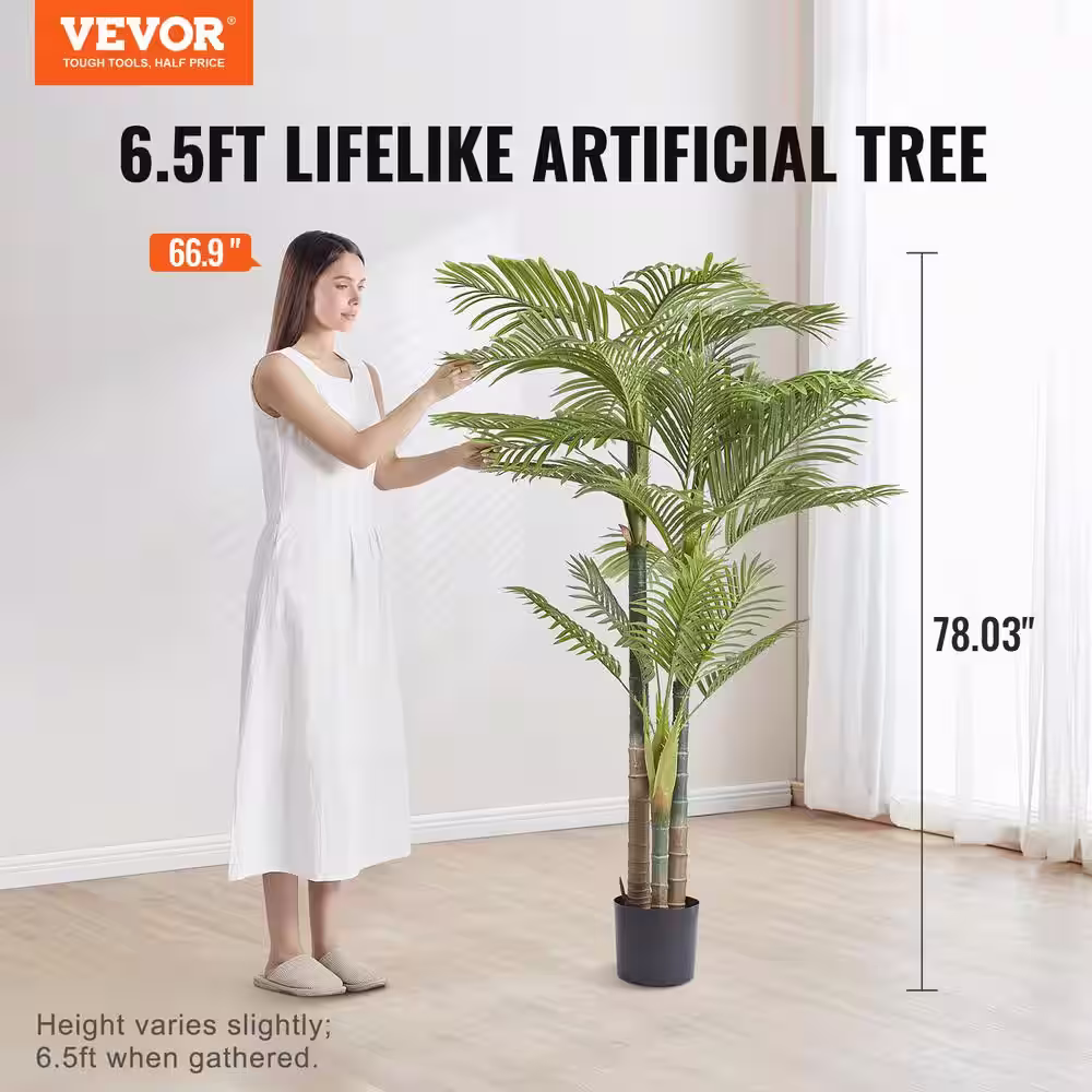 VEVOR 6 .5 ft. Artificial Gold Cane Palm Tree Faux Plant Low-Maintenance Plant Lifelike Green Fake Tree
