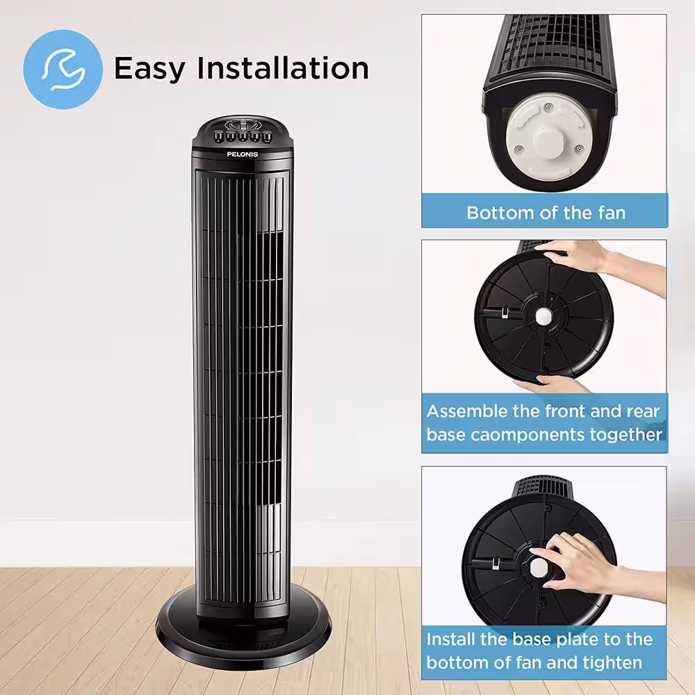Pelonis 30 in. 3 Speeds Tower Fan in Black with Oscillating, Portable, Nighttime Setting, Timer