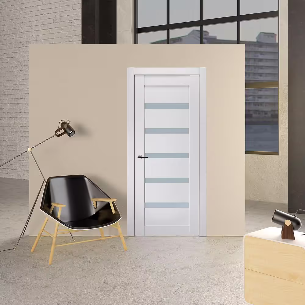 Belldinni Leora 30 in. W x 80 in. No Bore 5-Lite Solid Core Frosted Glass Bianco Noble Finished Wood Composite Interior Door Slab