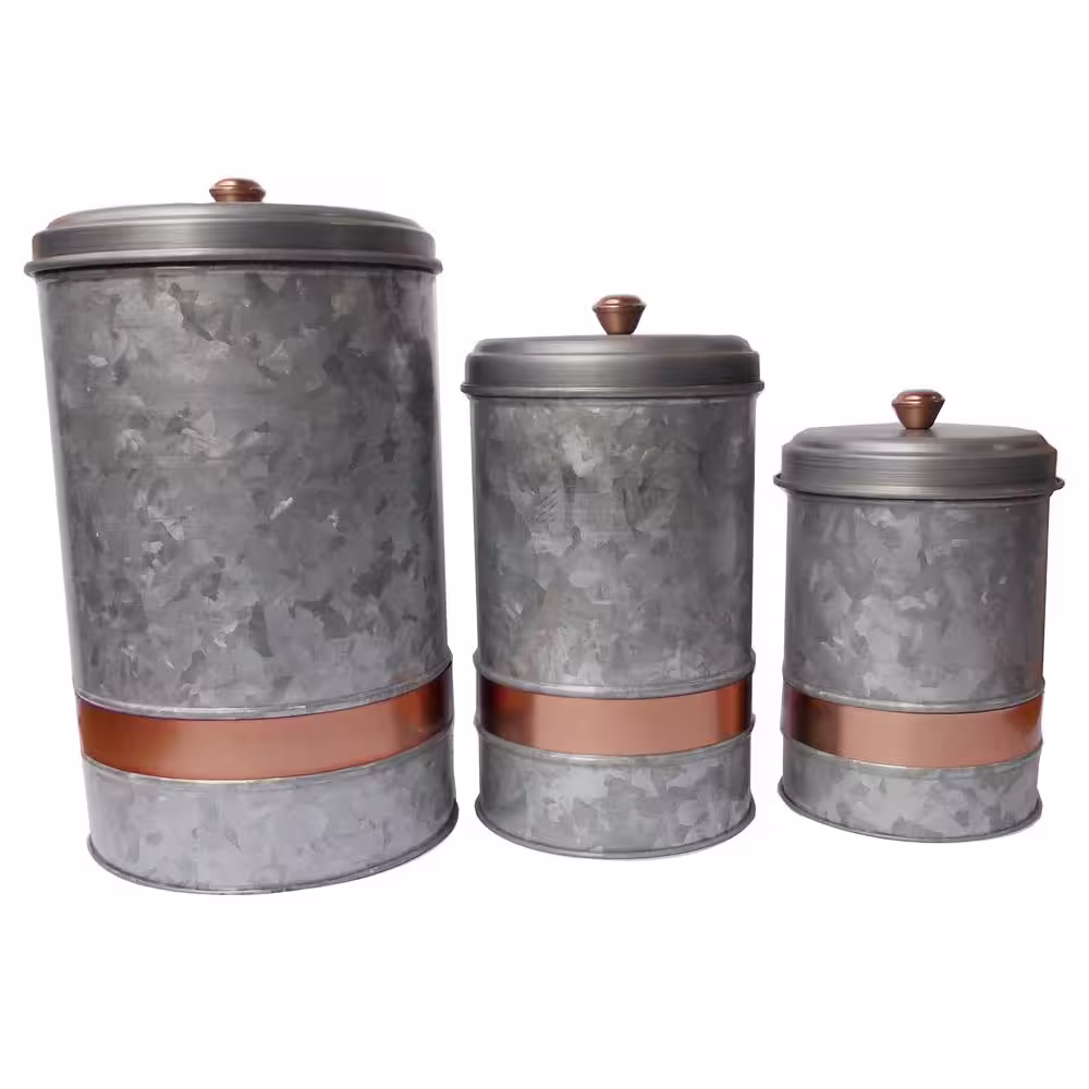 Benzara 3- Piece Galvanized Metal Lidded Gray Canister with Copper Band