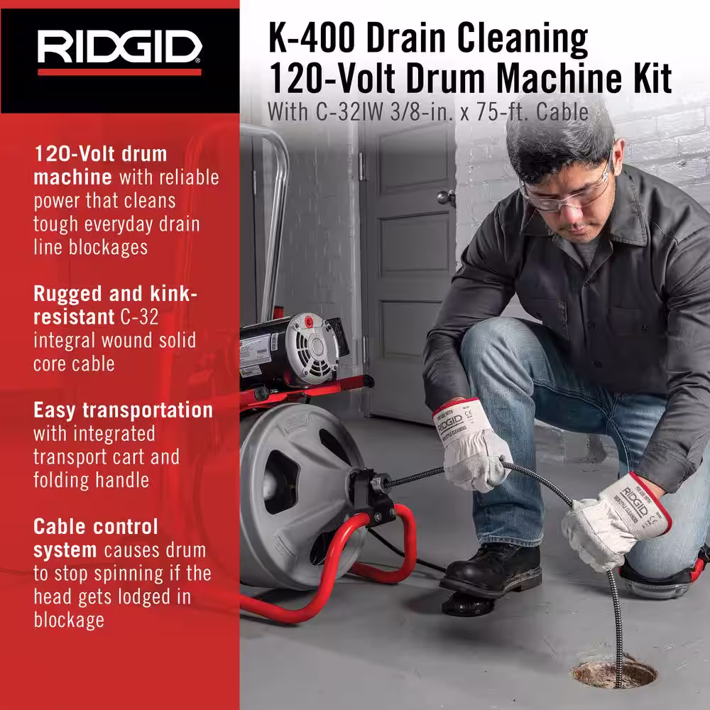 RIDGID K-400 Drain Cleaning Snake Auger 120-Volt Drum Machine with C-32IW 3/8 in. x 75 ft. Cable + 4-Piece Tool Set & Gloves