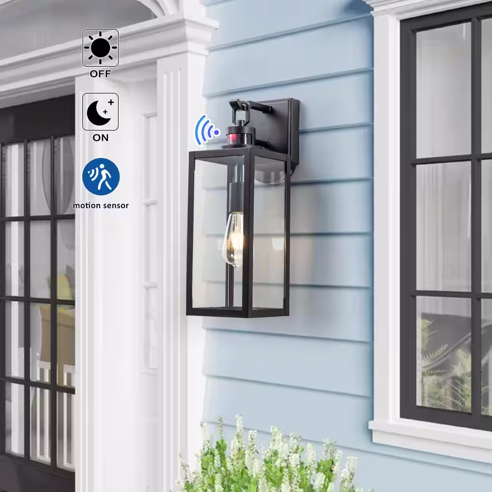 None Matte Black Motion Sensing Dusk to Dawn Hardwired Outdoor Wall Lantern Sconce with Adjustable Sensitivity and Timer