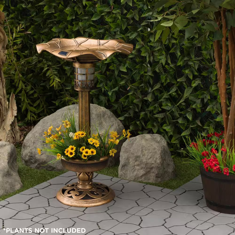 Alpine Corporation 29 in. H Bronze Outdoor Pedestal Birdbath with Planter Base and Solar-Powered LED Lights