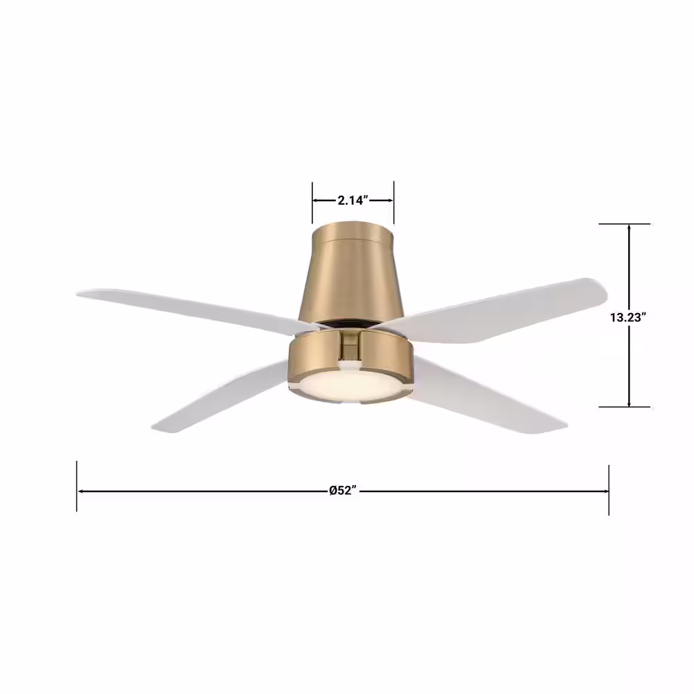 GLUCKSTEINELEMENTS Hugh 52 in. LED Indoor Brushed Brass Ceiling Fan with White Blades