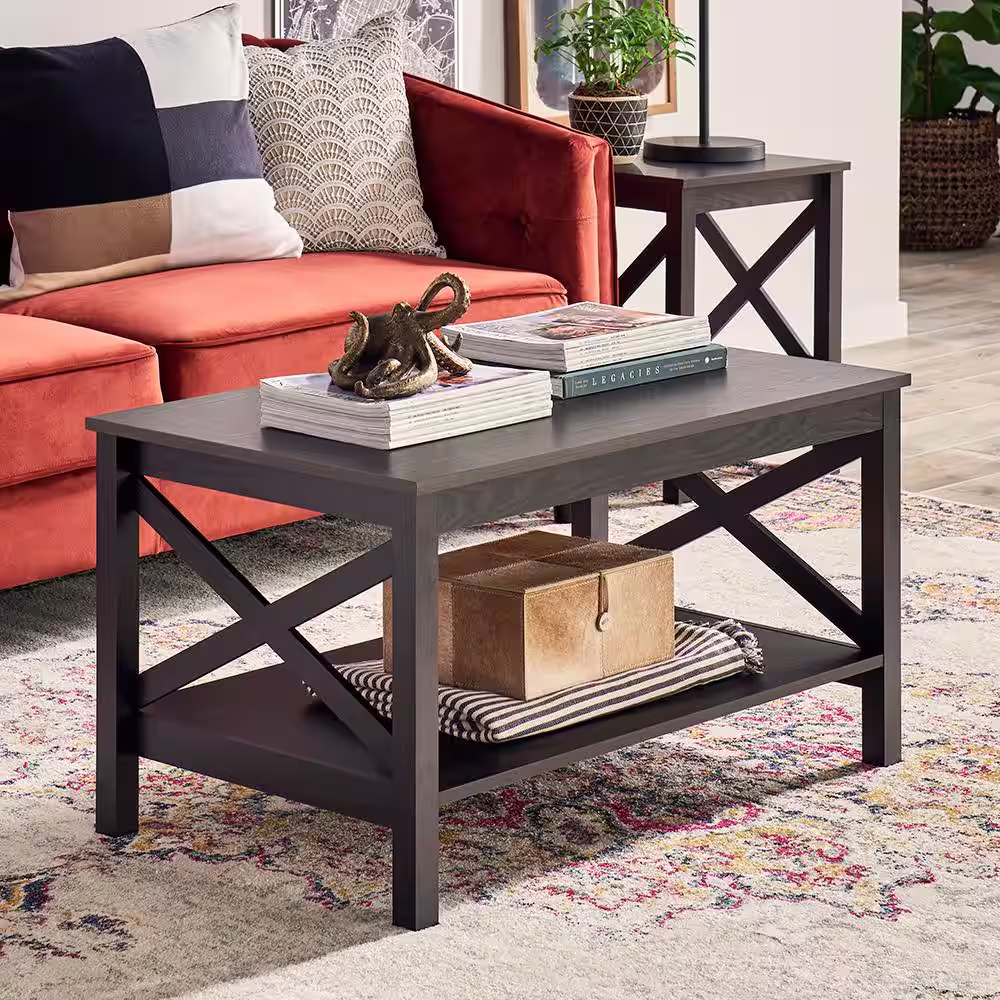 ClosetMaid X-Frame 2-Tier 19.6 in. H x 35.4 in. W x 21.7 in. D Laminated Wood Coffee Table Shelving Unit in Black Walnut