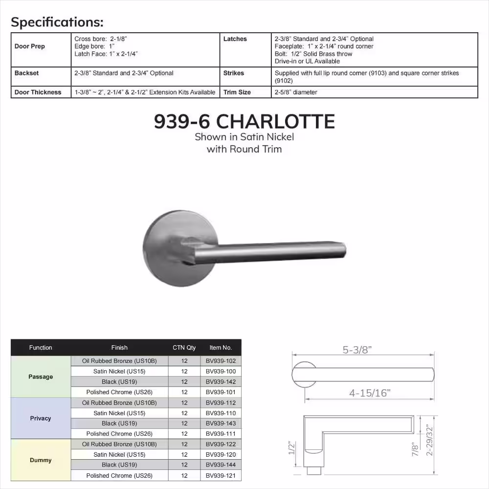 None Bravura Charlotte 939-6 Passage (Hall/Closet) Lever Oil Rubbed Bronze w/ round trim