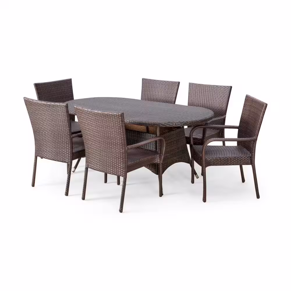 Noble House Blakely Multi-Brown 7-Piece Faux Rattan Outdoor Dining Set
