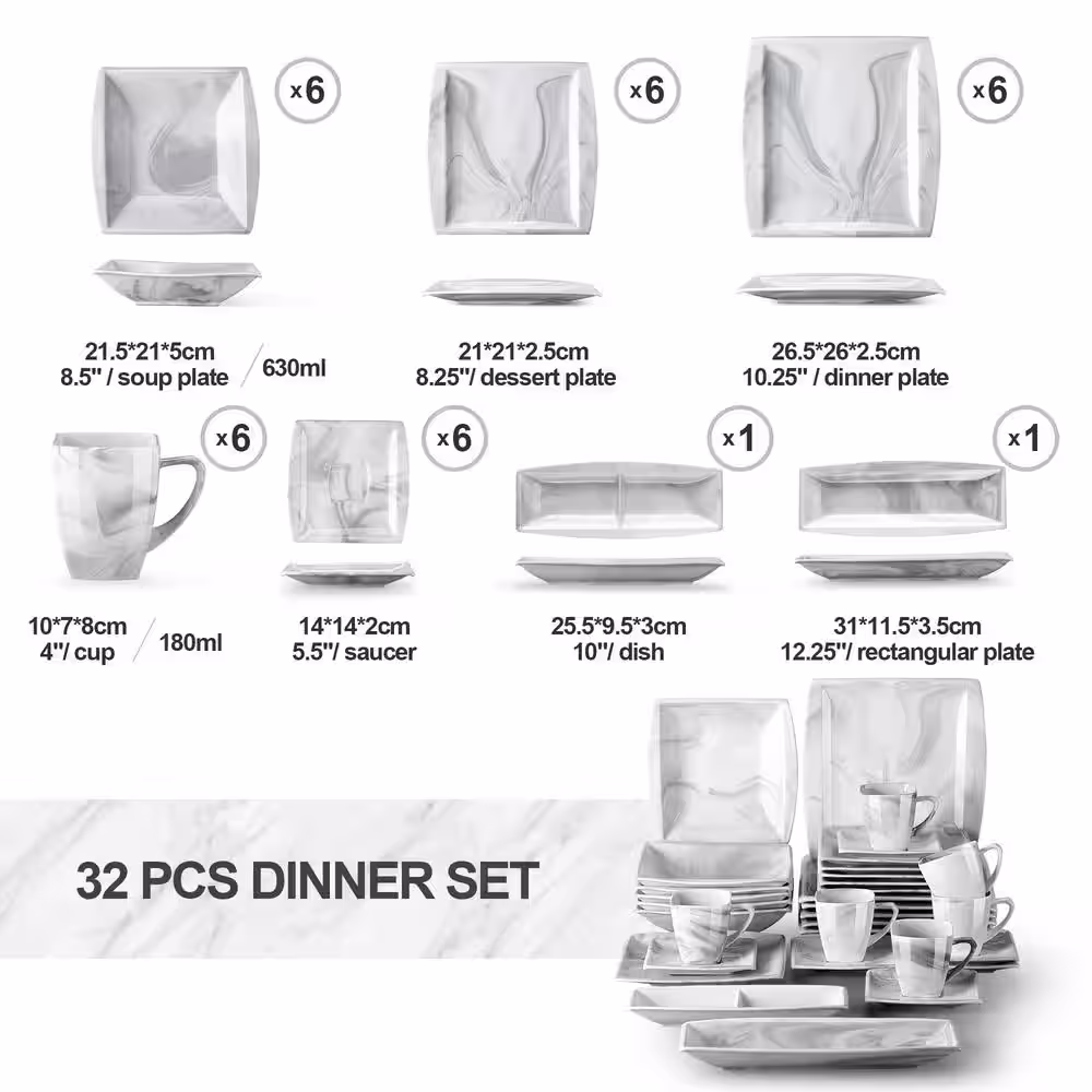 MALACASA Blance 32-Piece Marble Gray Porcelain. Dinnerware Set (Service for 6)