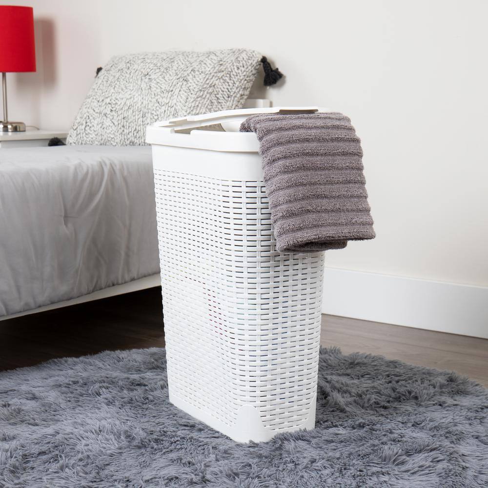 Mind Reader Basket Collection, Slim Laundry Hamper, 40 Liter Cut Out Handles, Attached Hinged Lid, Ventilated, Set of 2, White
