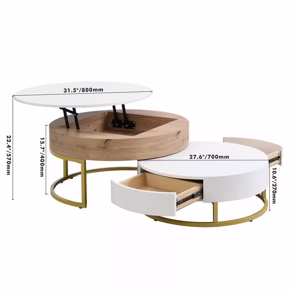 Harper & Bright Designs Multifunctional 31.5 in. White and Natural Round MDF Lift-top Nesting Coffee Table, Accent Table Set with Drawers