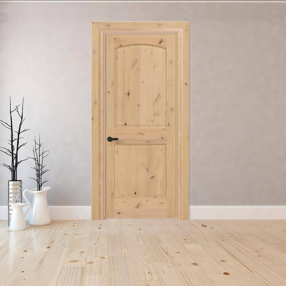 Steves & Sons 28 in. x 80 in. 2-Panel Round Top Right-Hand Unfinished Knotty Alder Prehung Interior Door with Nickel Hinges