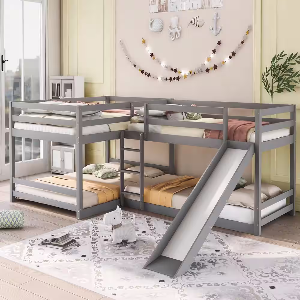 ANBAZAR Gray L-shaped Full and Twin Size Bunk Beds with Slide and Ladder, Double Wood Bunk Beds for 4 Kids and Teens