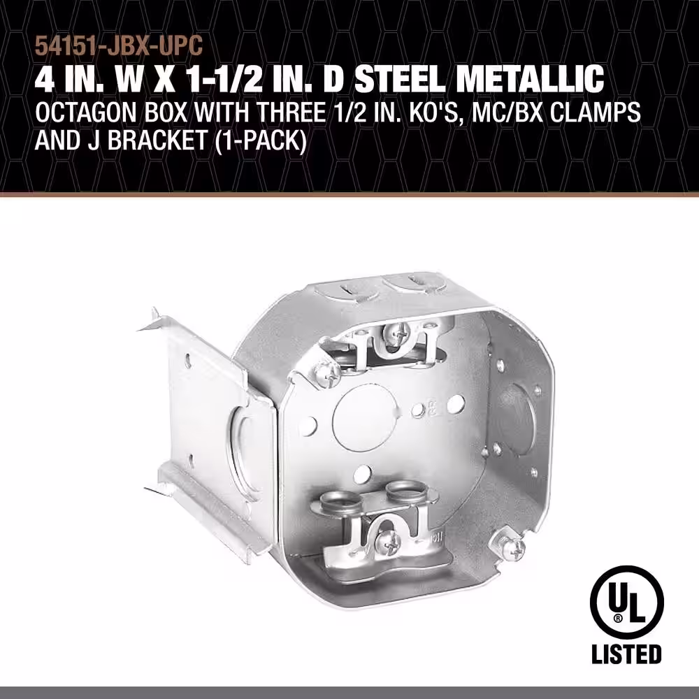 Southwire 4 in. W x 1-1/2 in. D Steel Metallic Octagon Box with Three 1/2 in. KO's, MC/BX Clamps and J Bracket, 1-Pack